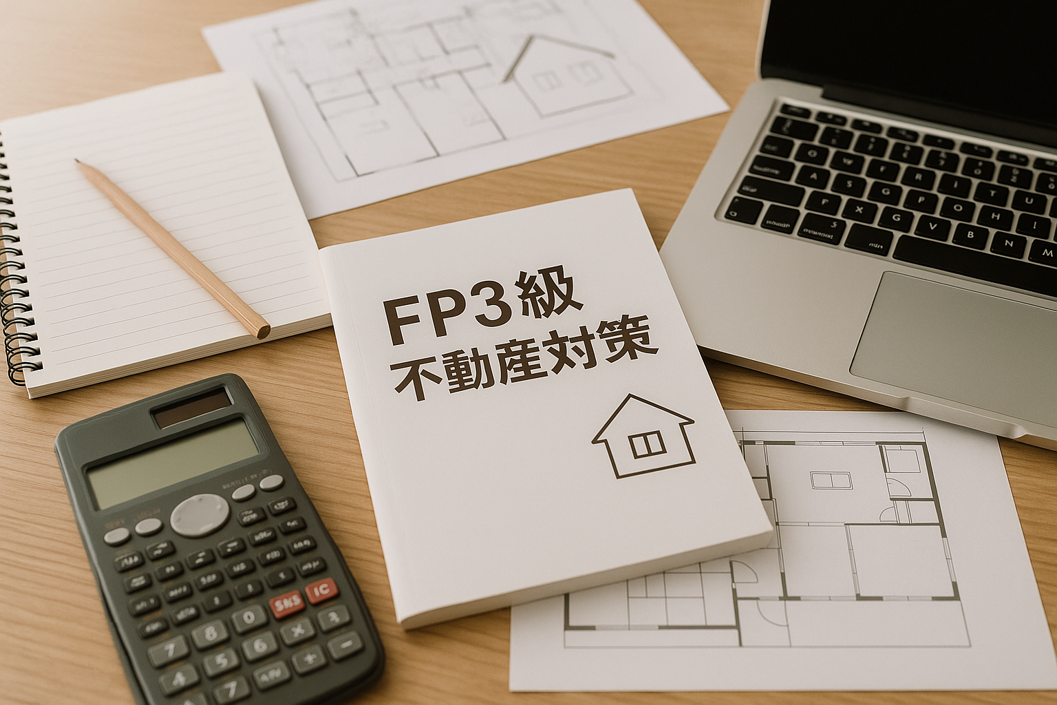 FP3級不動産分野の学習風景。登記・税金・法律の勉強に使うノートと電卓が並ぶ